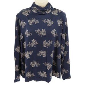 Virani Womens 8 Silk Blue Cream Paisley Swirl Turtleneck Long Sleeve Blouse Top